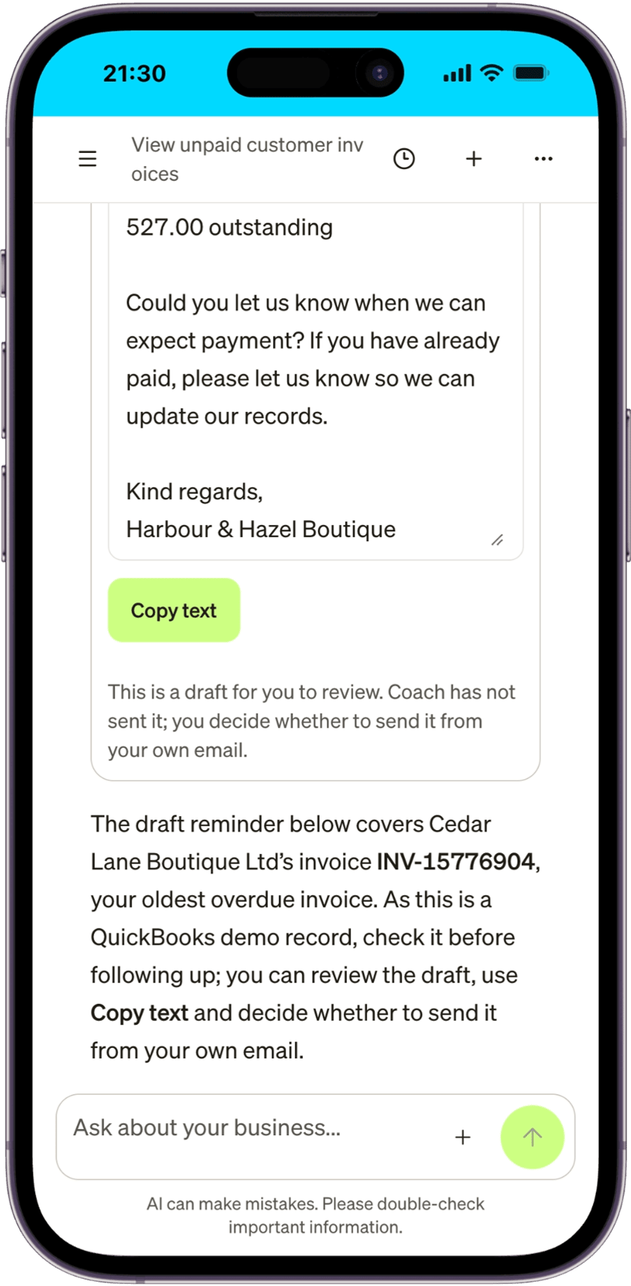 Lower part of a Coach reminder draft with Copy text, the review and sending disclosure, and a demo-record qualification.