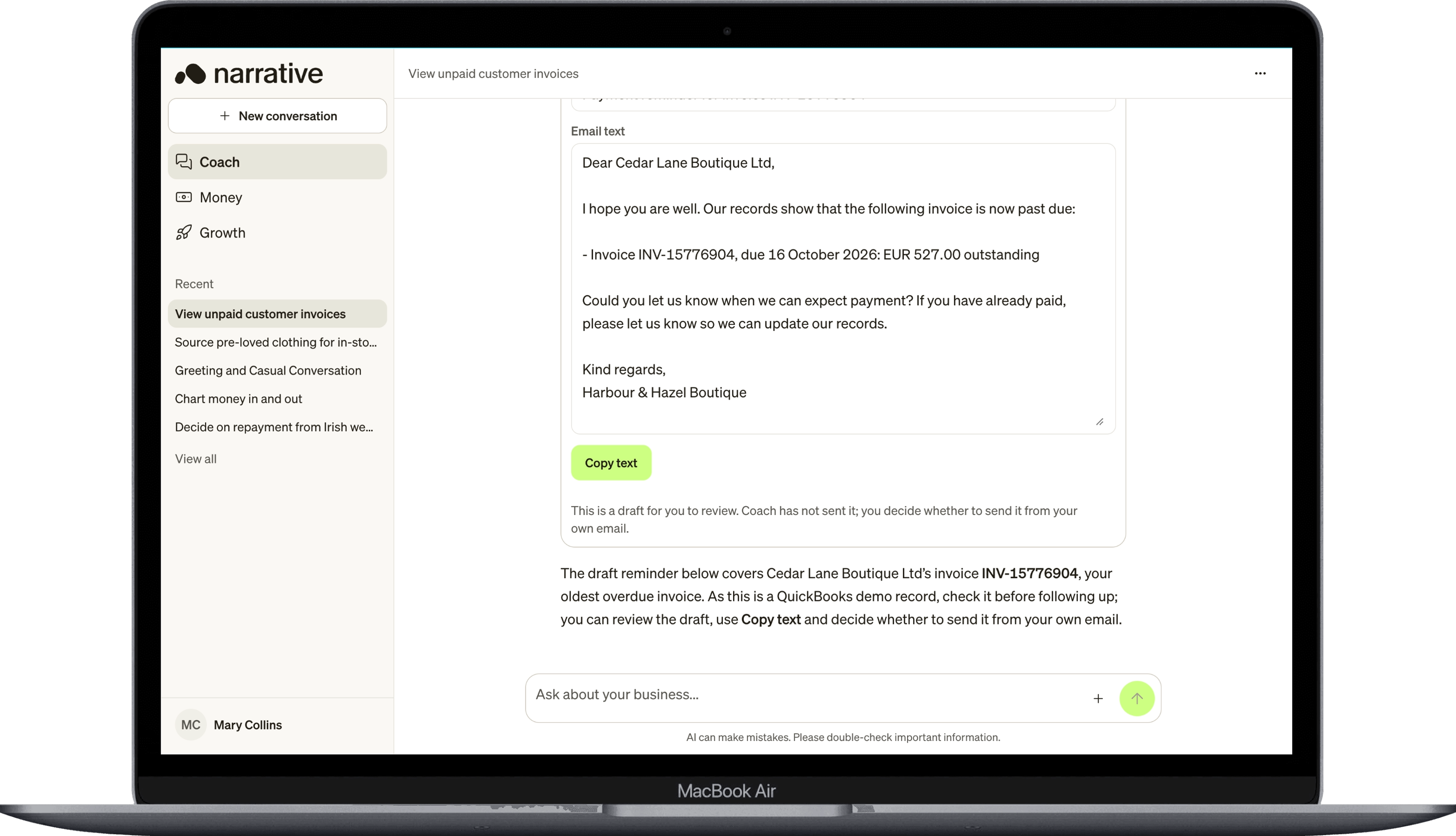 Narrative Coach workspace with the expanded sidebar, five Recent conversation titles and View all.