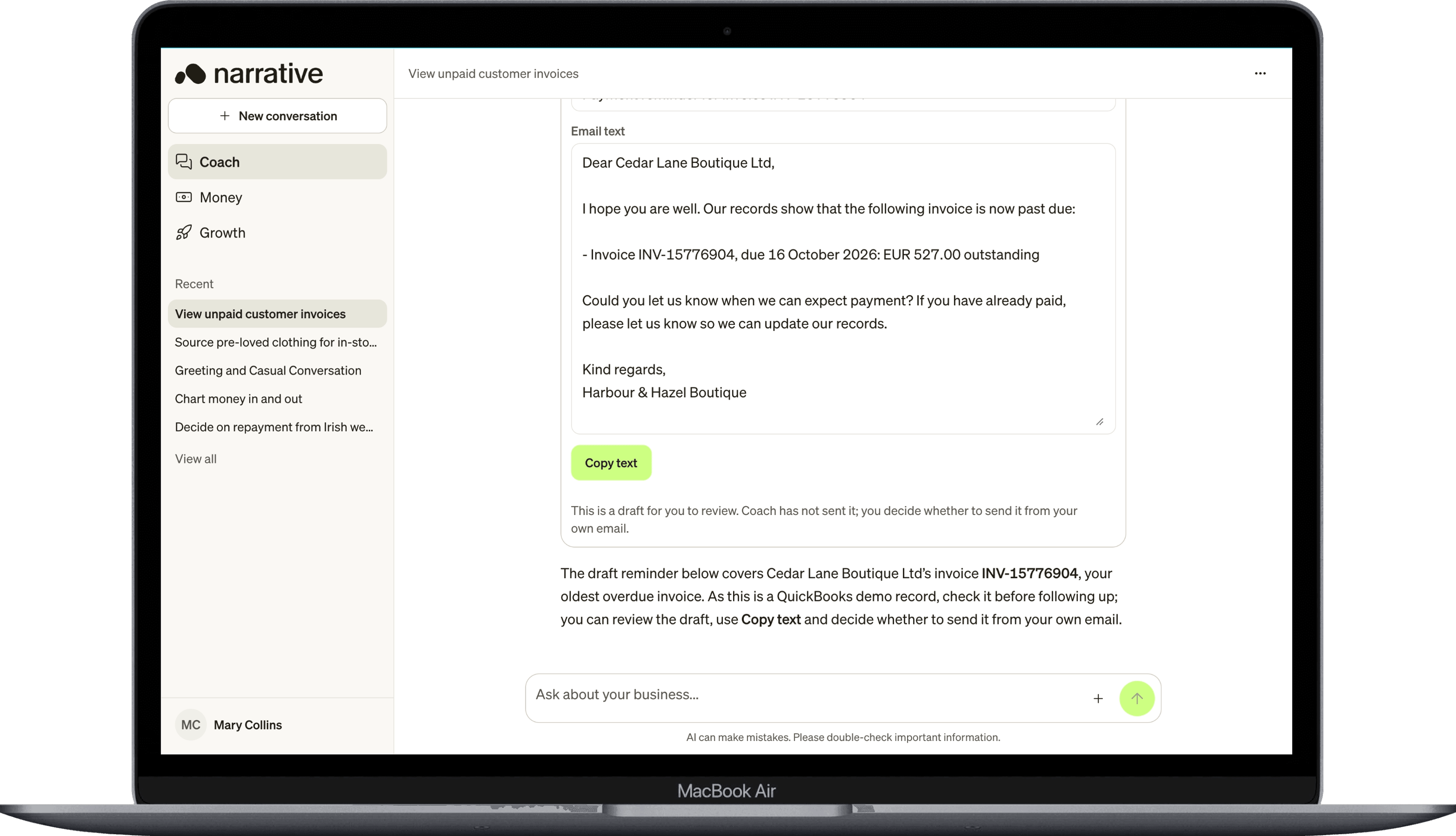 Narrative Coach workspace with the expanded sidebar, five Recent conversation titles and View all.