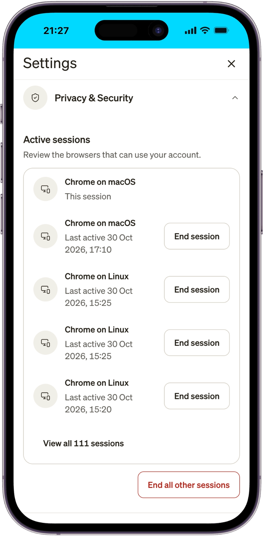 Settings Active sessions showing This session, other sessions with End session, View all and End all other sessions.