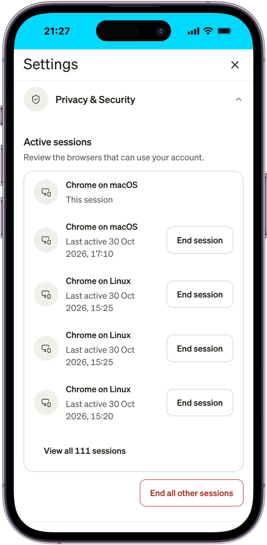 Settings Active sessions showing This session, other sessions with End session, View all and End all other sessions.