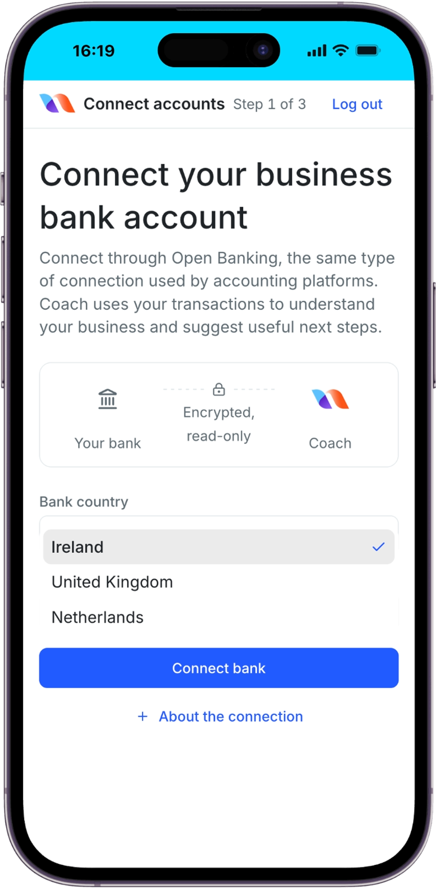 Bank connection screen with the Bank country menu open, Ireland selected and United Kingdom and Netherlands available.