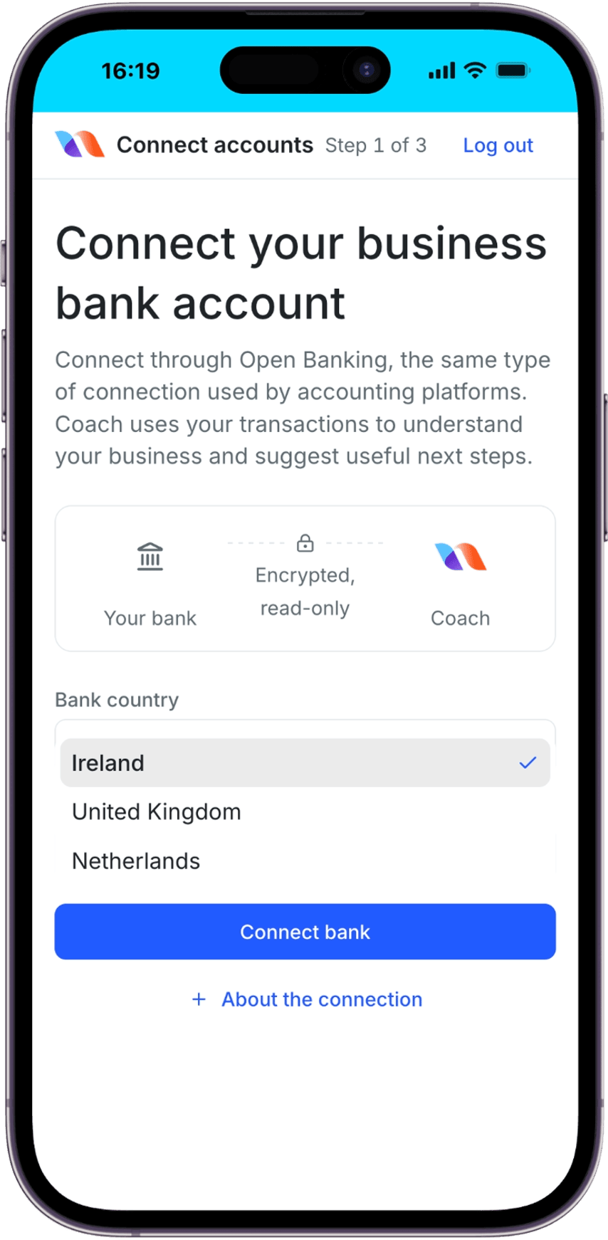 Bank connection screen with the Bank country menu open, Ireland selected and United Kingdom and Netherlands available.