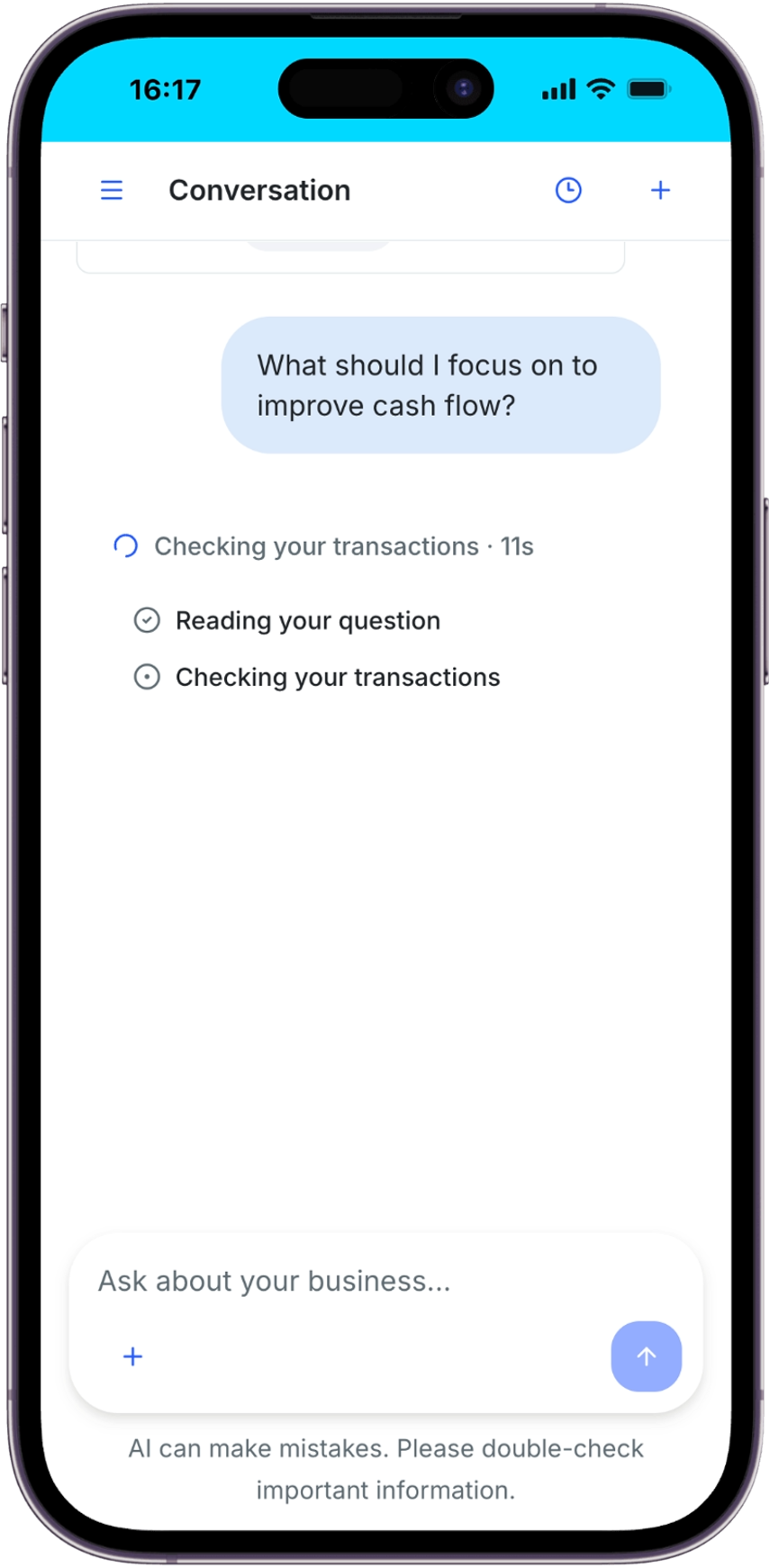Coach preparing an answer to a cash-flow question, with Reading your question completed and Checking your transactions in progress.