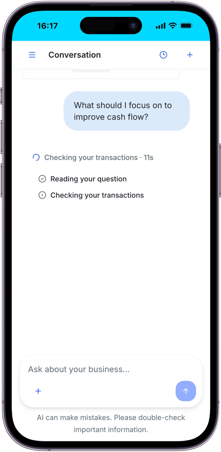 Coach preparing an answer to a cash-flow question, with Reading your question completed and Checking your transactions in progress.