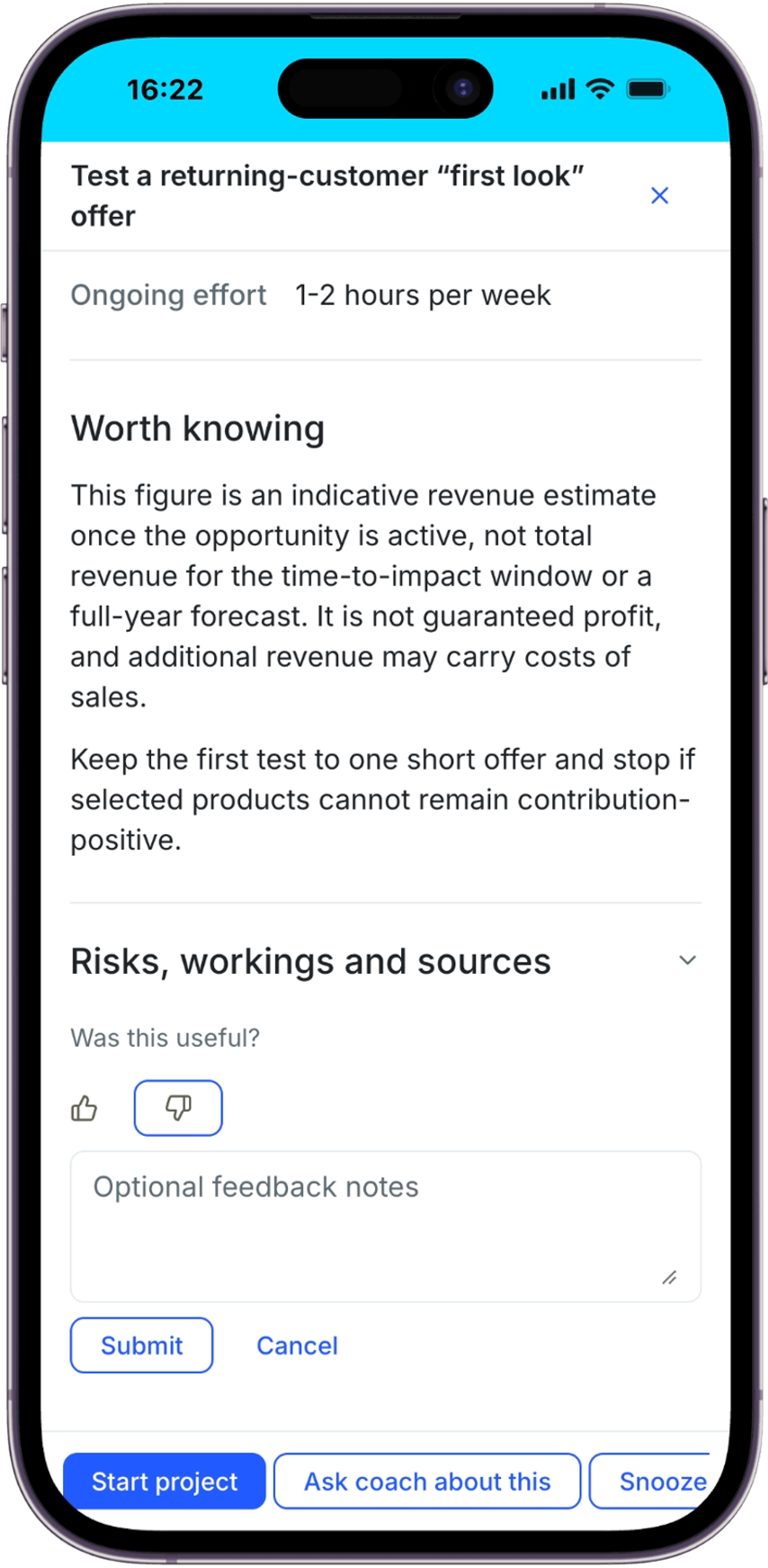 Growth Action with thumbs-down selected, optional feedback notes and Submit and Cancel controls beside its supporting information.