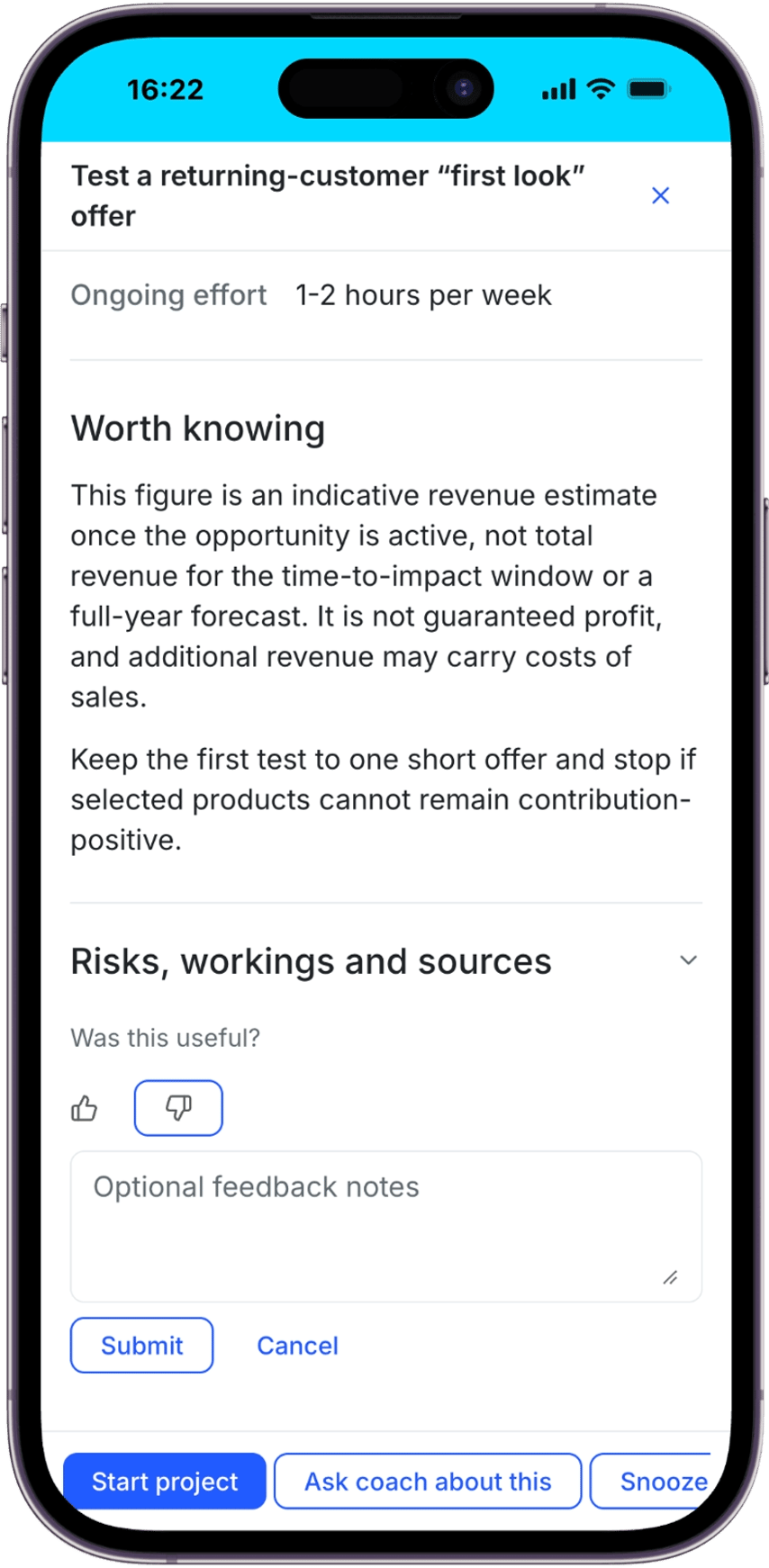 Growth Action with thumbs-down selected, optional feedback notes and Submit and Cancel controls beside its supporting information.
