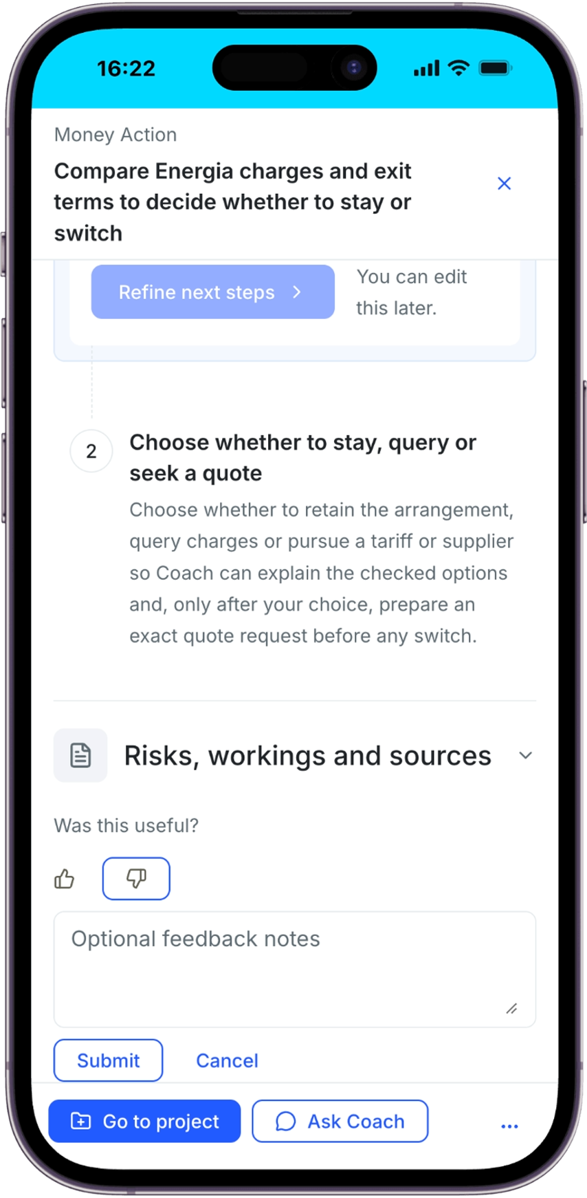 Money Action with thumbs-down selected, optional feedback notes and Submit and Cancel controls.