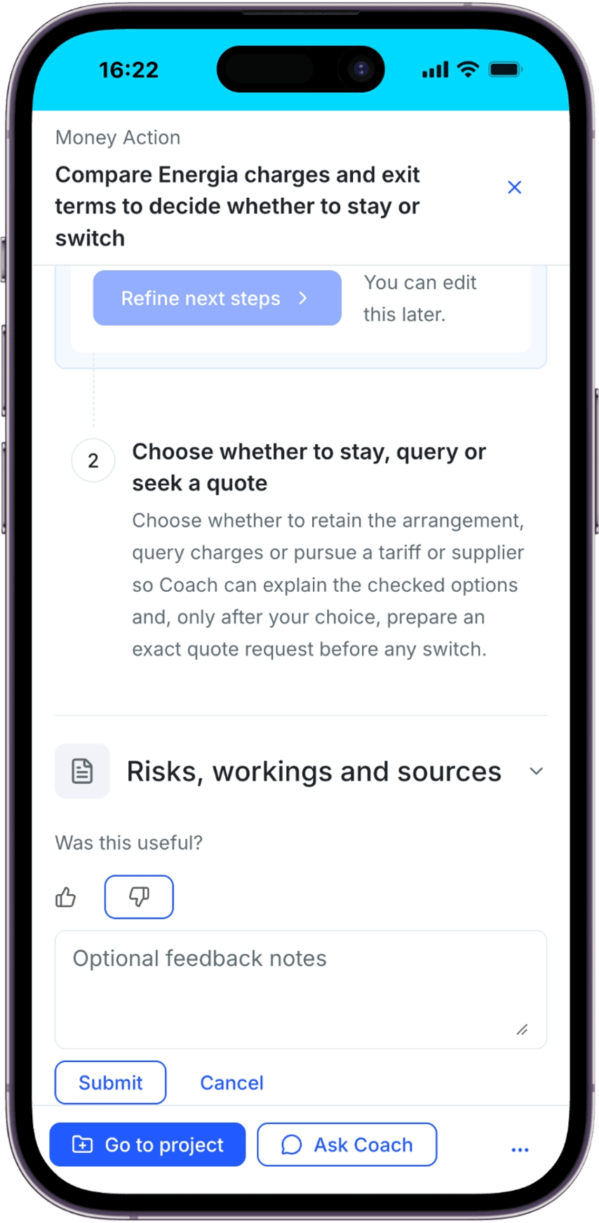 Money Action with thumbs-down selected, optional feedback notes and Submit and Cancel controls.