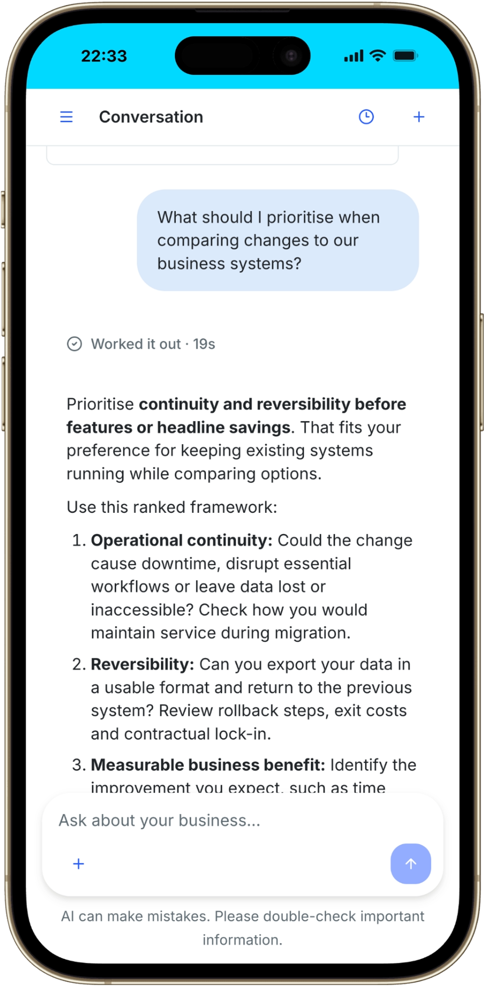 A separate Coach conversation refers to the user's earlier preference when comparing business-system changes.