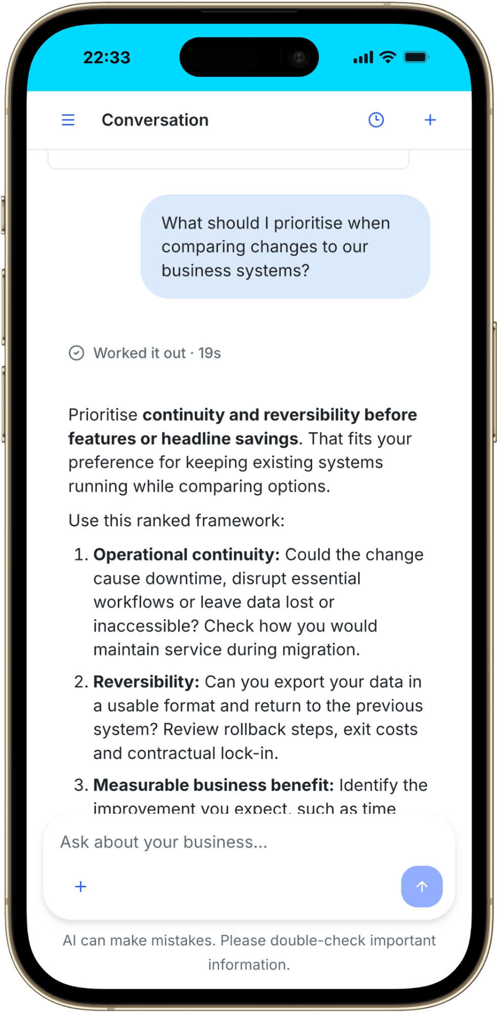 A separate Coach conversation refers to the user's earlier preference when comparing business-system changes.