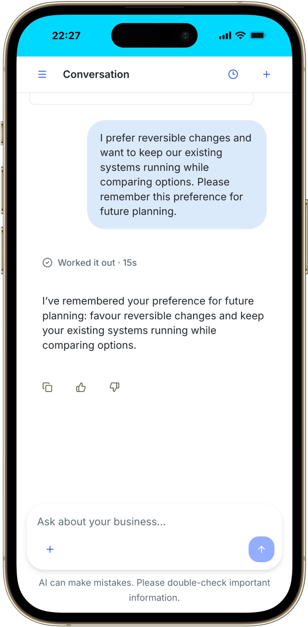 A user shares a preference for reversible changes and Coach confirms it has remembered that preference.