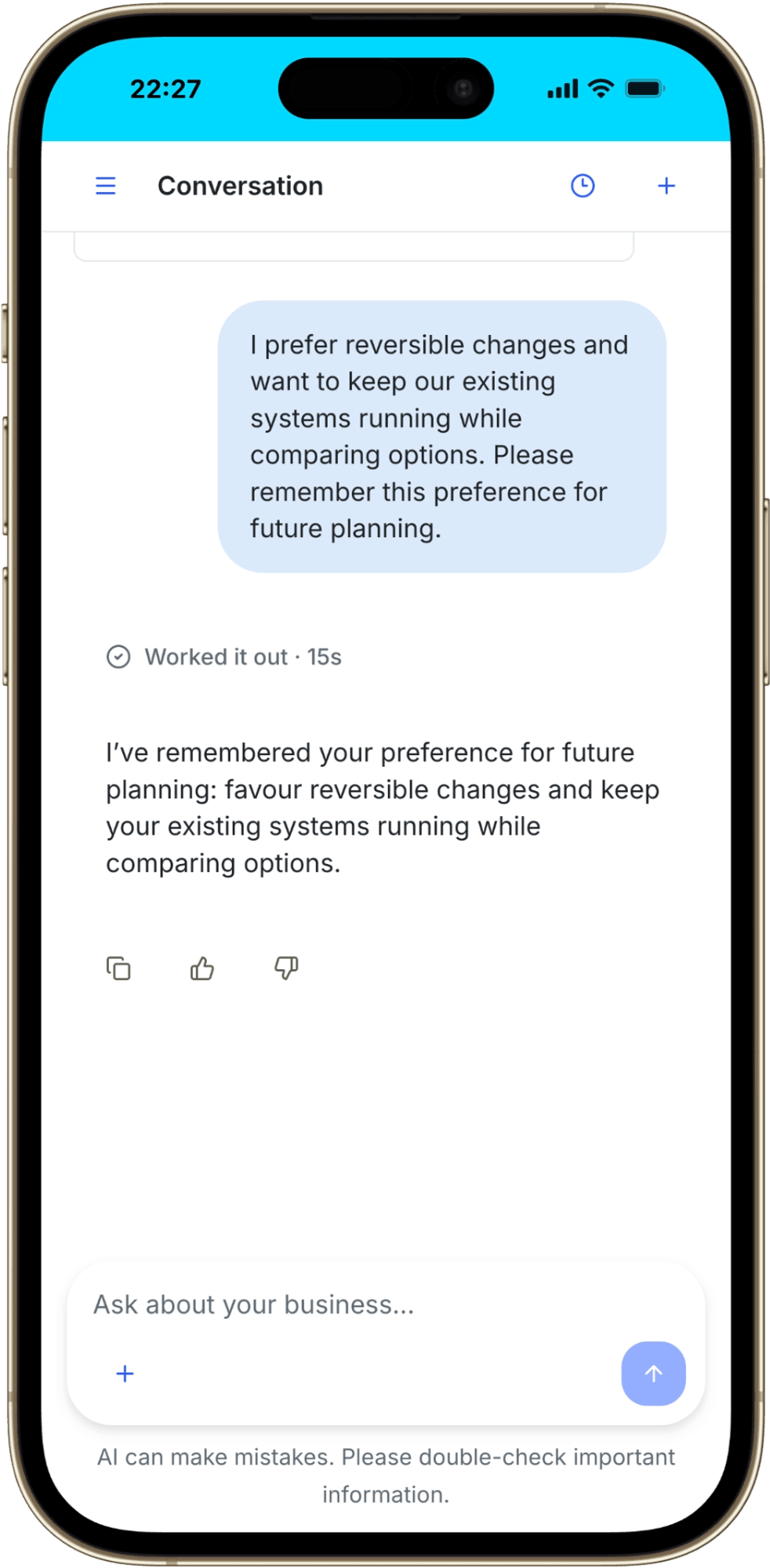 A user shares a preference for reversible changes and Coach confirms it has remembered that preference.