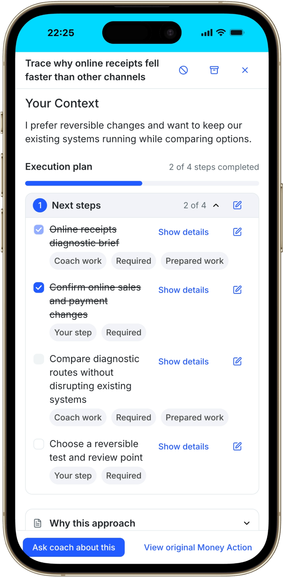 Reopened Money Project showing saved Your Context and its Execution plan.