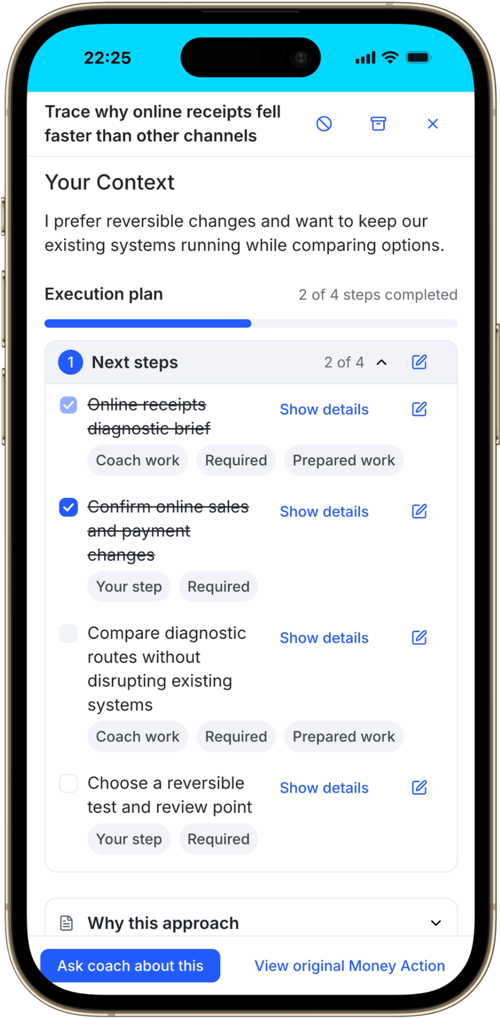 Reopened Money Project showing saved Your Context and its Execution plan.