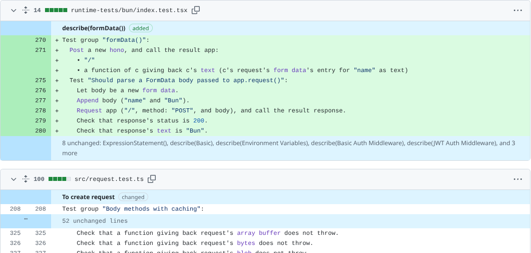 A GitHub pull request diff where the code rows have been replaced by English sentences