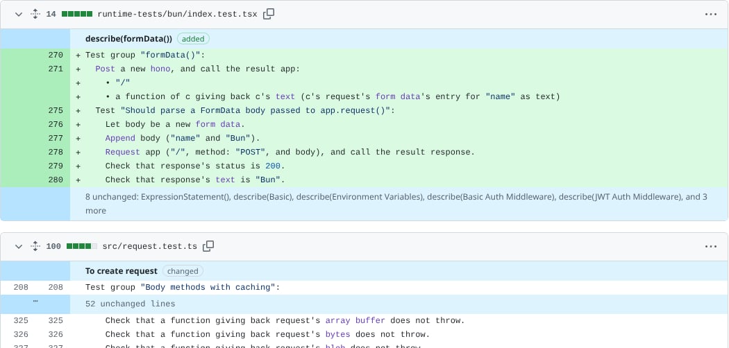 A GitHub pull request diff where the code rows have been replaced by English sentences