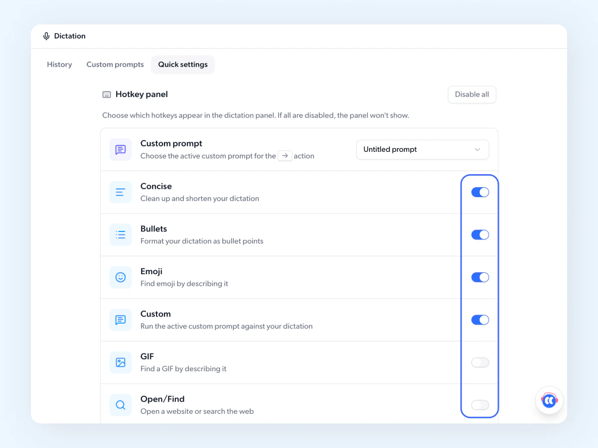 Dictation quick settings