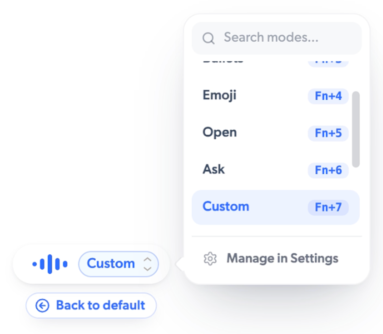The pill expanded into the action menu while dictating, with a number key
next to each action
