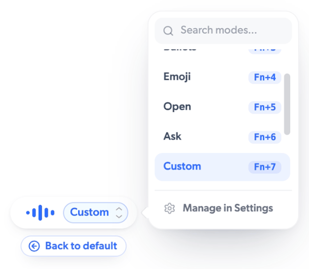 The pill expanded into the action menu while dictating, with a number key
next to each action