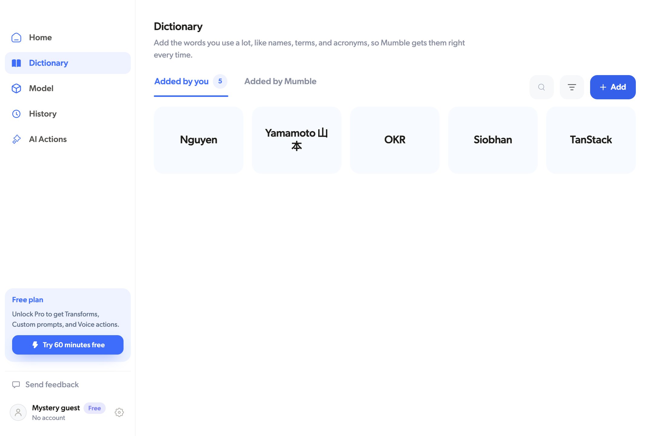 The Dictionary page with a few added words on the Added by you
tab