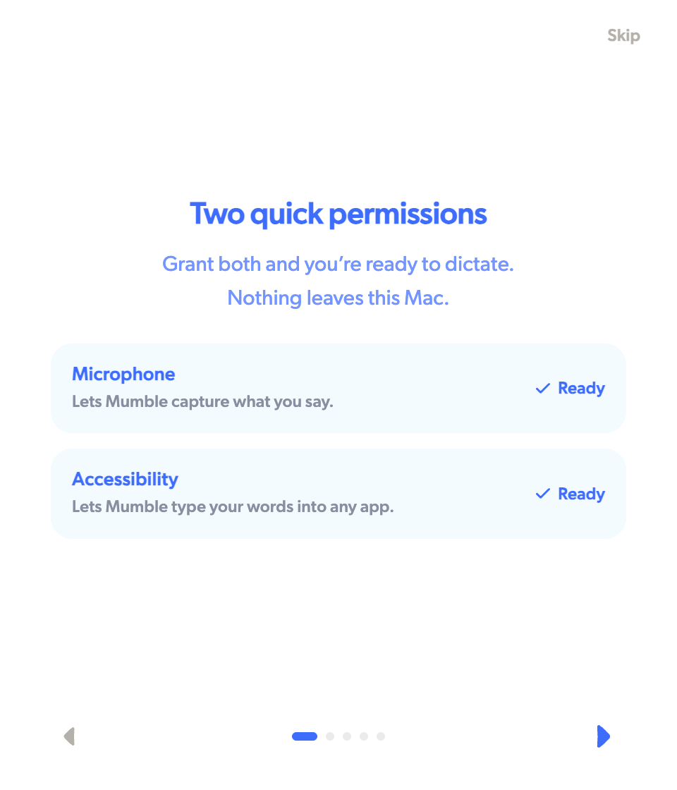 The permissions step of setup, asking for Microphone and Accessibility