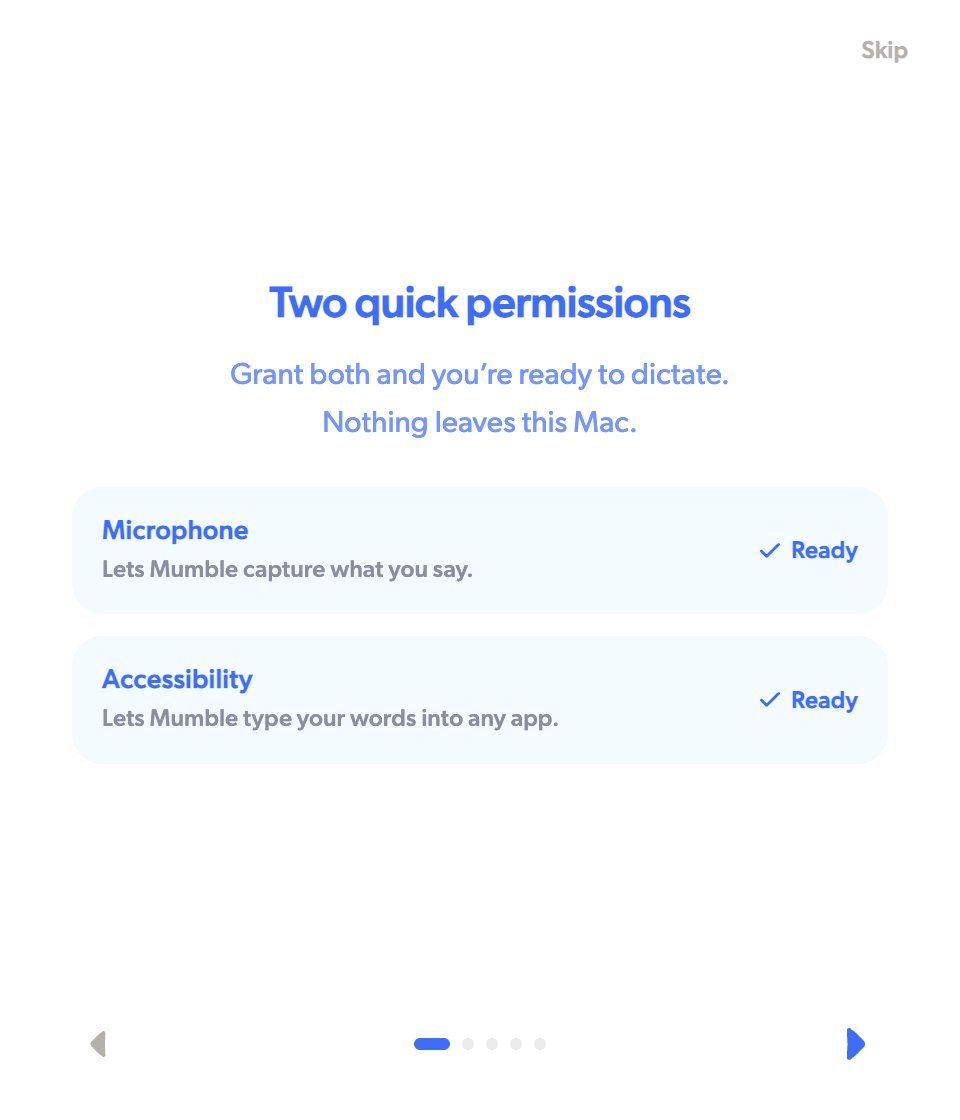 The permissions step of setup, asking for Microphone and Accessibility