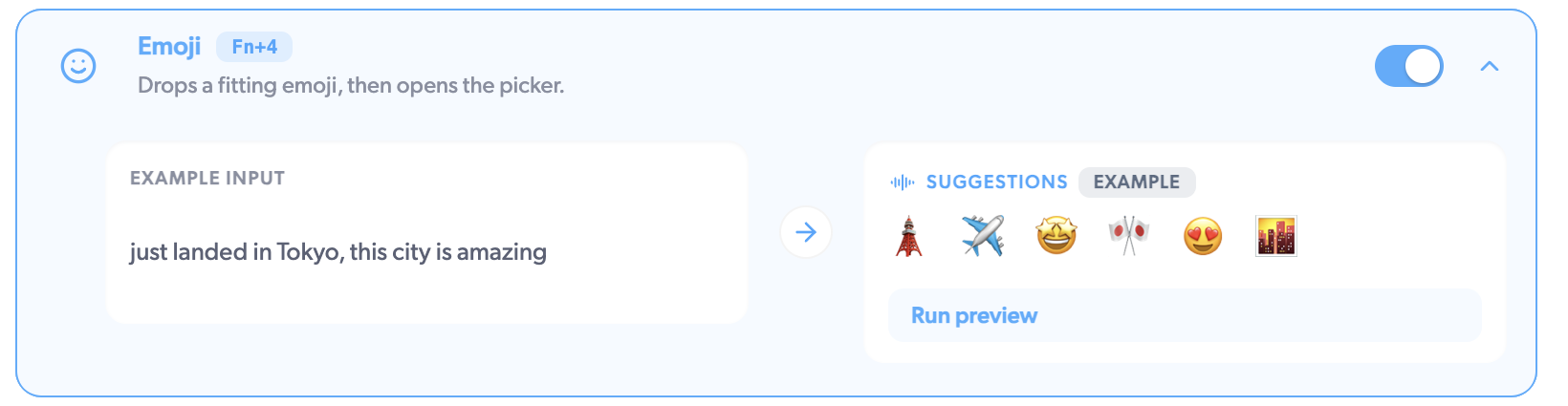 The Emoji card suggests emoji for "just landed in Tokyo, this city is
amazing"