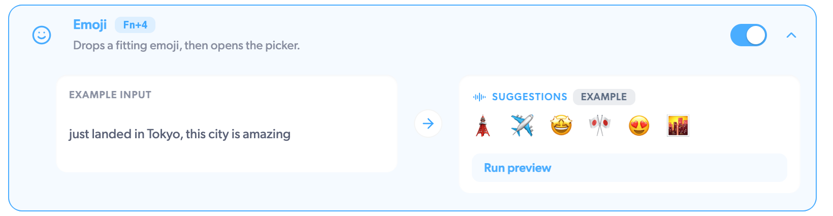 The Emoji card suggests emoji for "just landed in Tokyo, this city is
amazing"