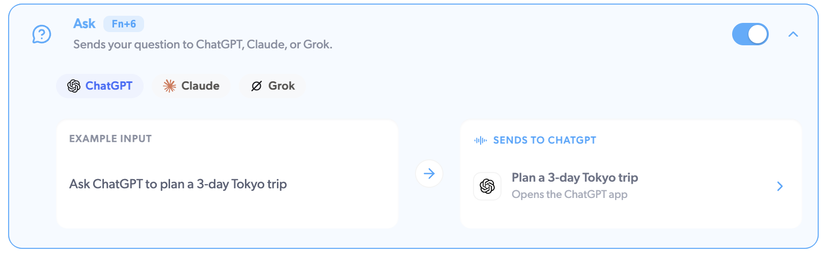 The Ask card: "Ask ChatGPT to plan a 3-day Tokyo trip" opens the ChatGPT app
with the question already sent
