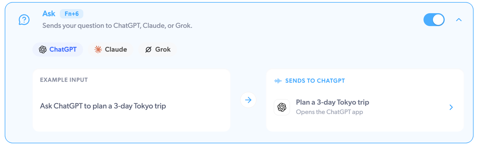 The Ask card: "Ask ChatGPT to plan a 3-day Tokyo trip" opens the ChatGPT app
with the question already sent