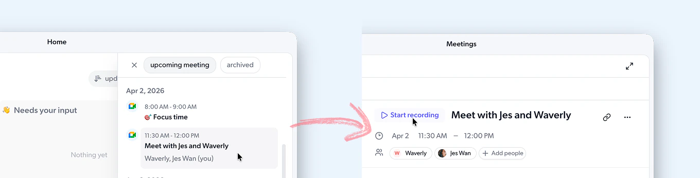 Calendar event detail page with start
recording