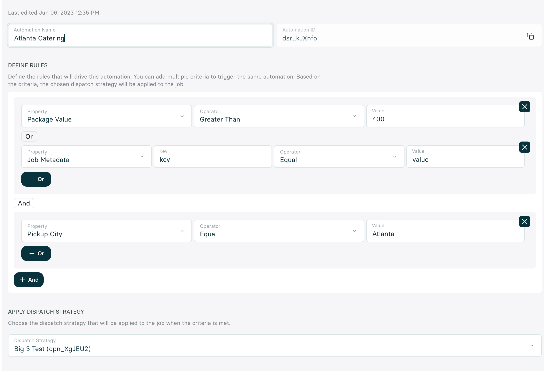 Dispatch automation configuration in the Nash Portal