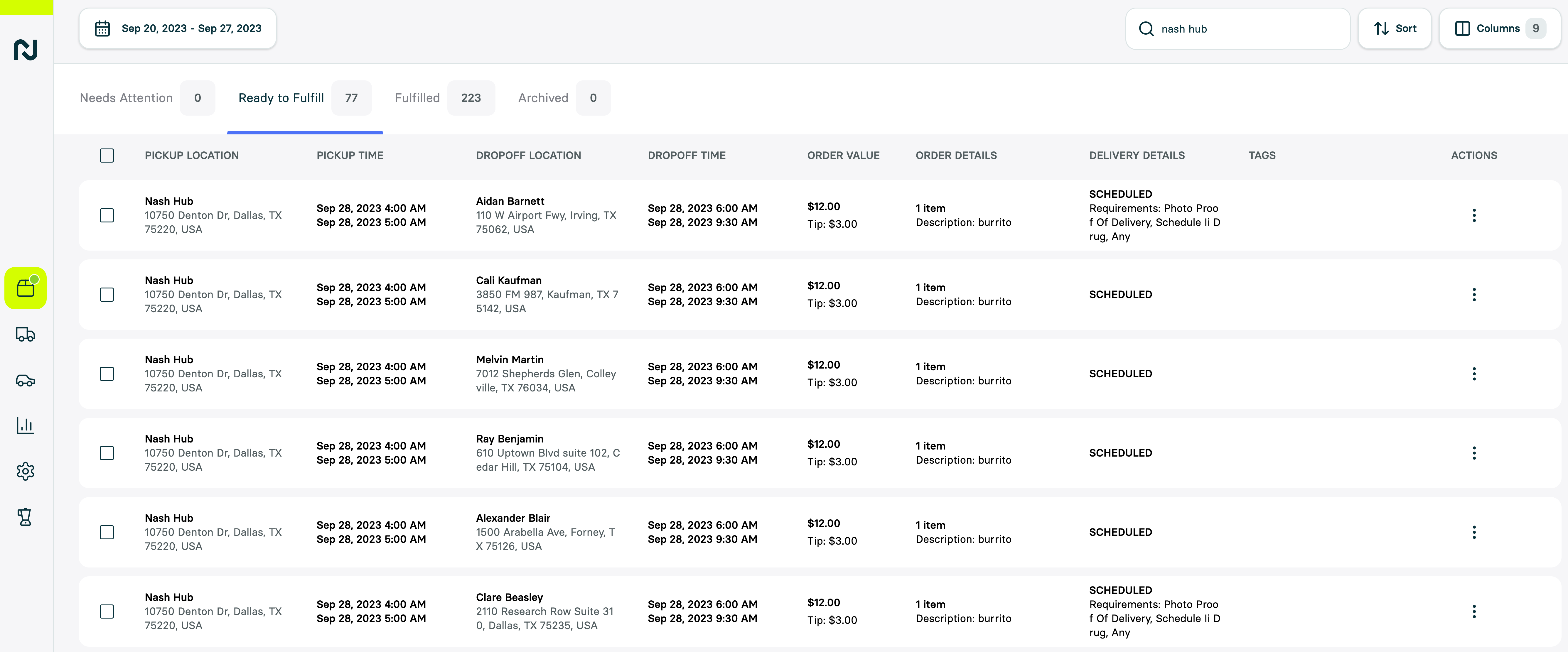 The Orders page in the Nash Portal, with orders grouped into status tabs