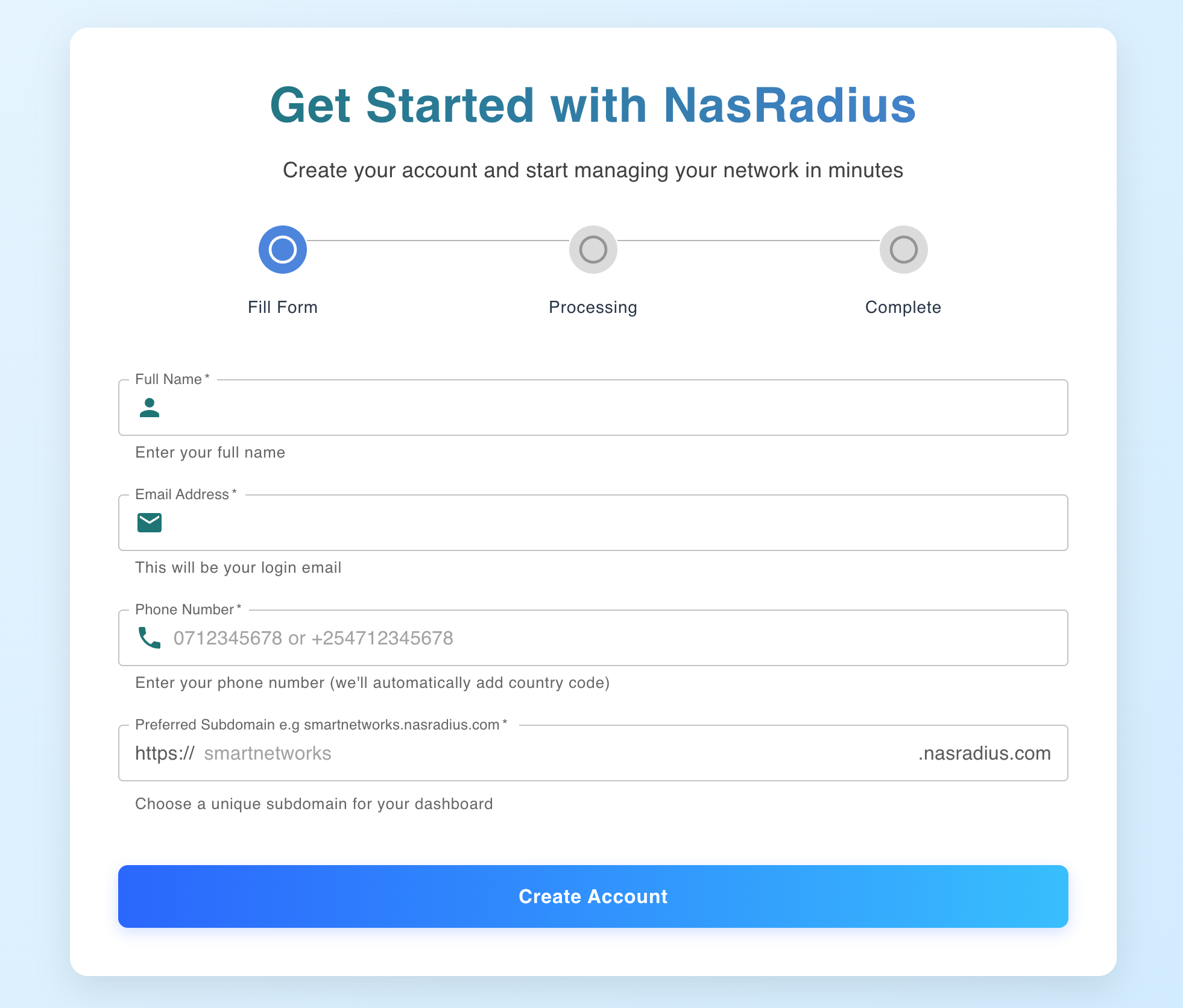 NasRadius Onboarding Page