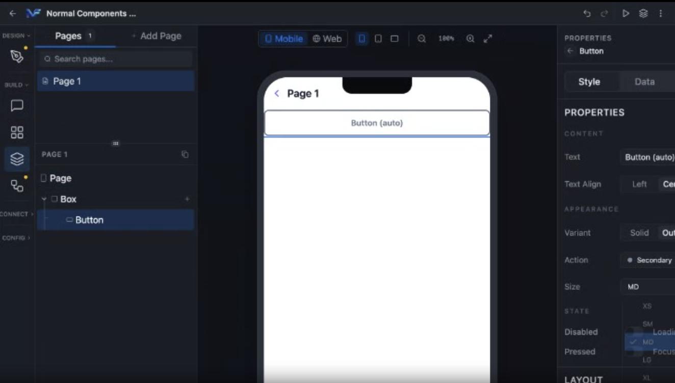 Button selected with its Size dropdown open