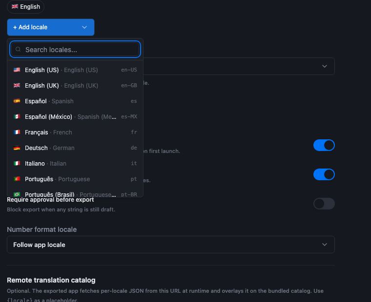 The searchable Add locale list