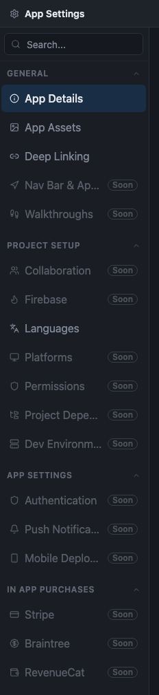 The App Settings navigation column