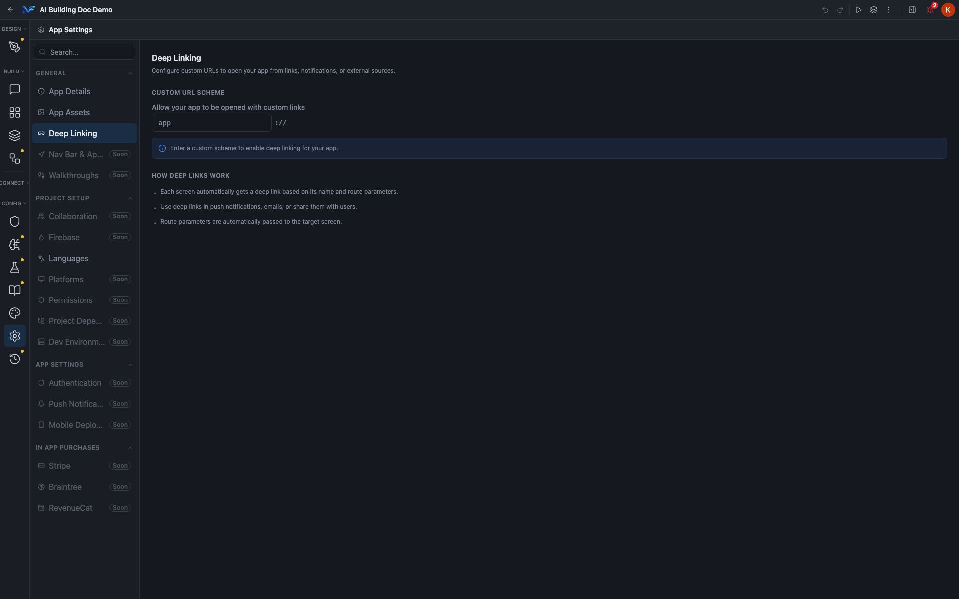 The Deep Linking pane