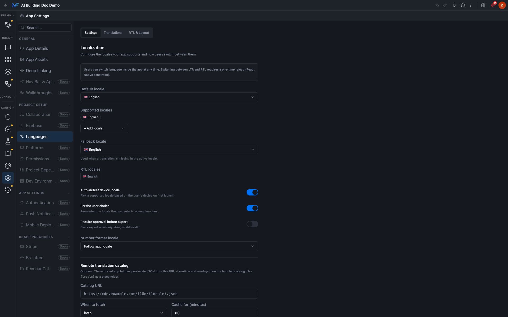 The Localization settings tab