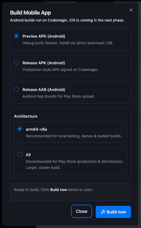 The Build Mobile App dialog