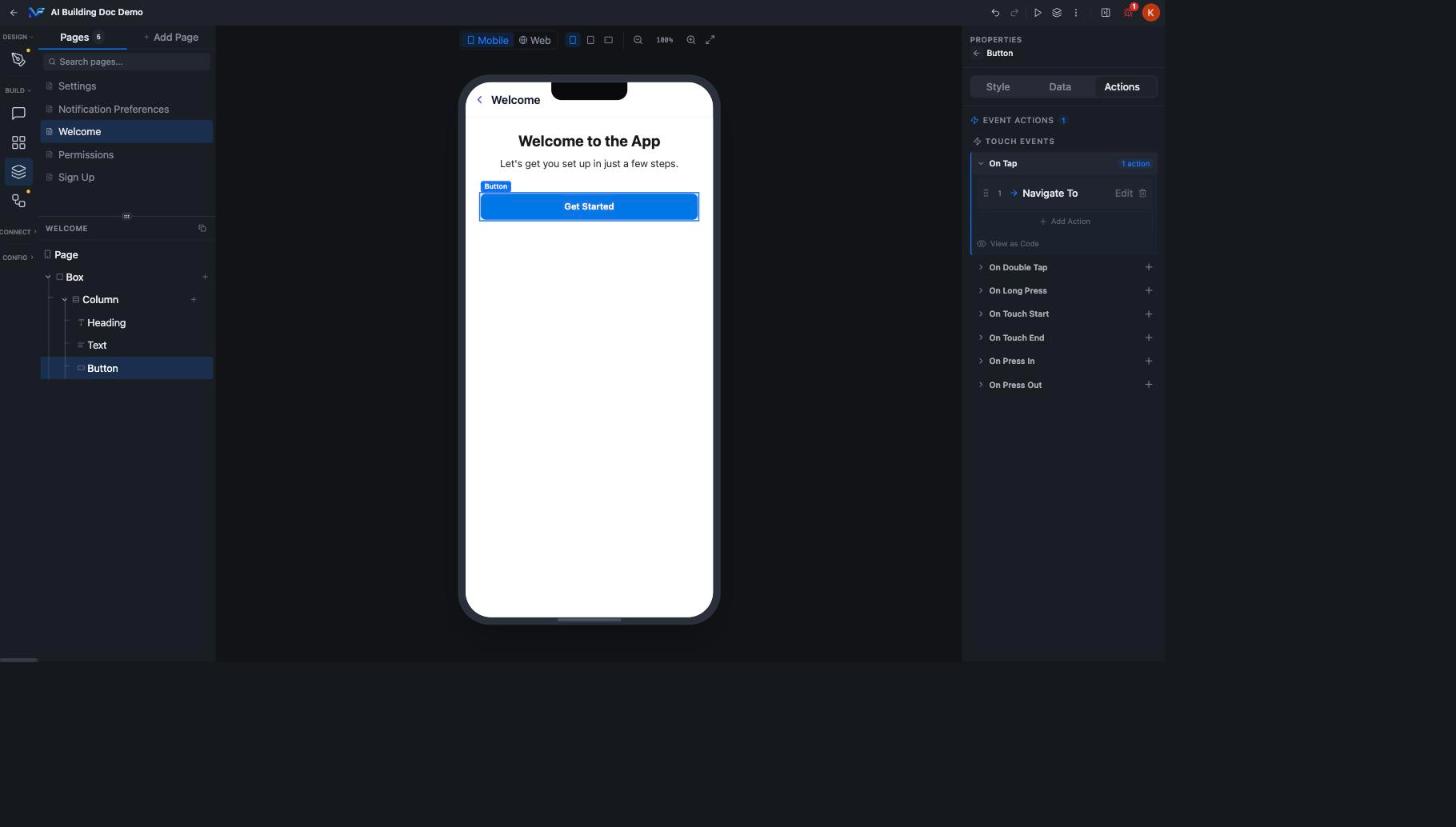 Actions tab showing a Navigate To action
