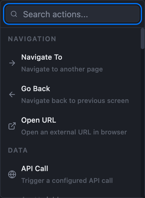 The action catalog popover with its search box and categories