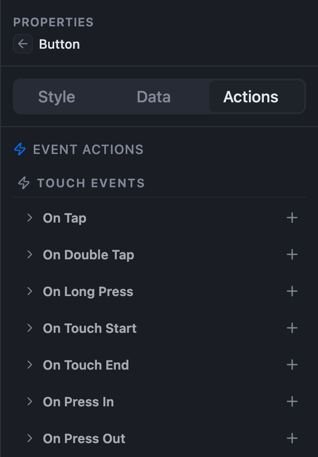 The Actions tab of a selected Button, showing the touch event list