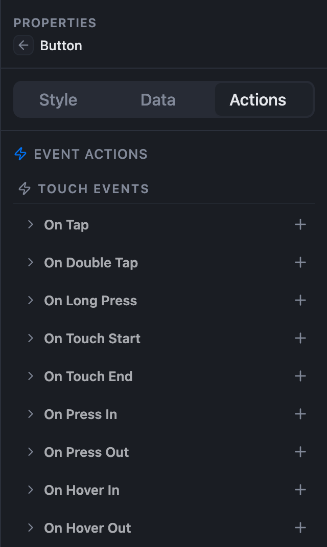 Touch events list including hover events in a Web app project