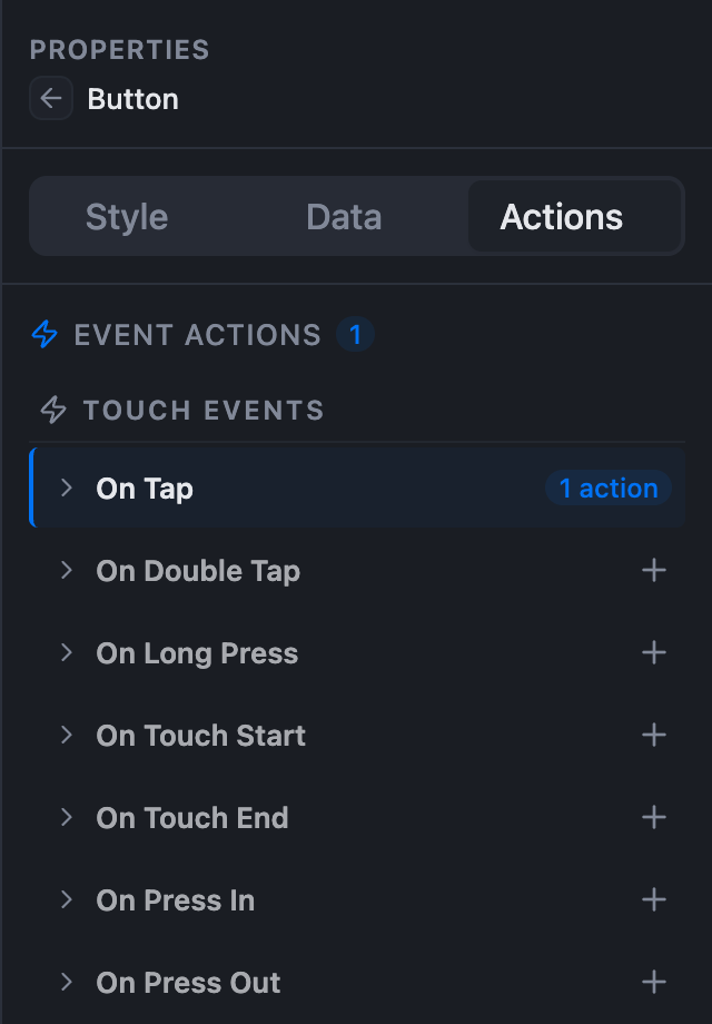 The Actions tab with one action configured on On Tap