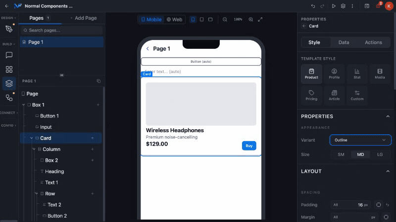 The Action dropdown with its five semantic options