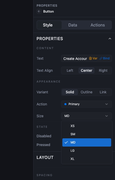 The Size dropdown