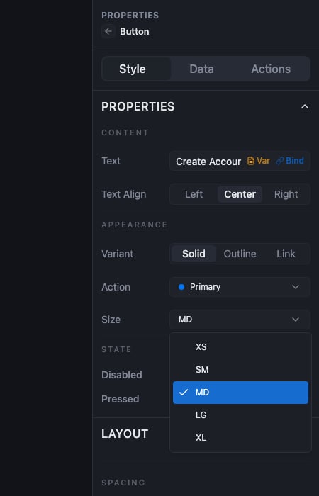 The Size dropdown