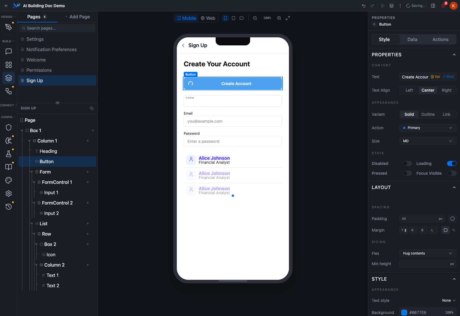 Loading and Disabled toggles changing the canvas button